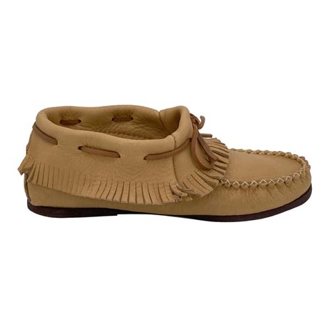 Womens Rubber Sole Genuine Moosehide Leather Ankle Fringe Moccasins