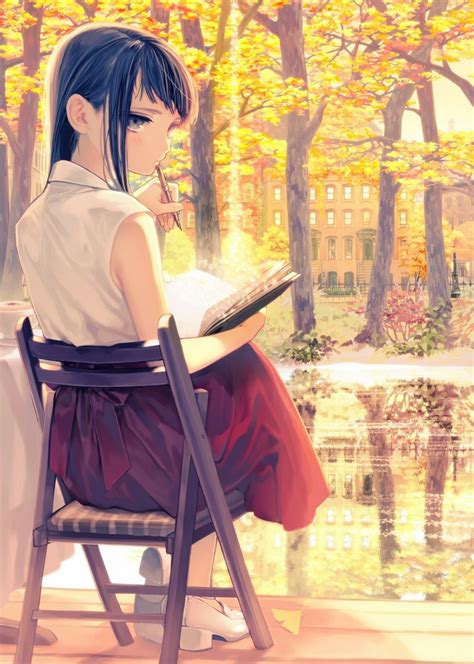 trees illustration anime anime girls sitting books shirt black hair chair skirt