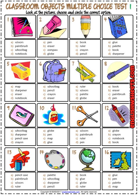 Classroom Objects Esl Printable Multiple Choice Tests Flashcards