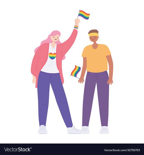 lgbtq community lesbians holding rainbows flag vector image