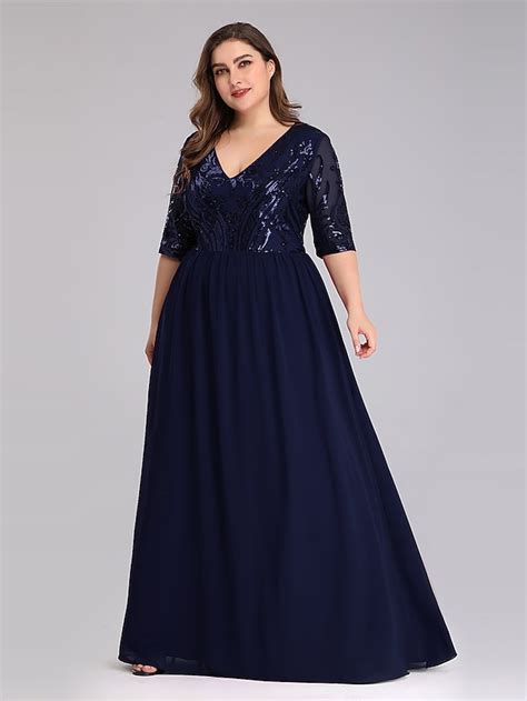 A Line Prom Dresses Plus Size Dress Wedding Guest Prom Floor Length Half Sleeve Plunging Neck