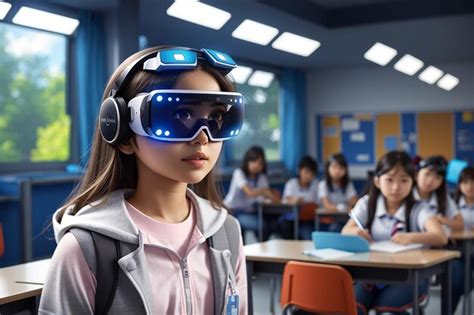Premium Ai Image Girl Wearing Augmented Reality Headset In Classroom