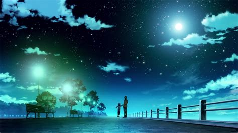 Wallpaper Anime Sky Trees Moon Stars Clouds Pier Forest