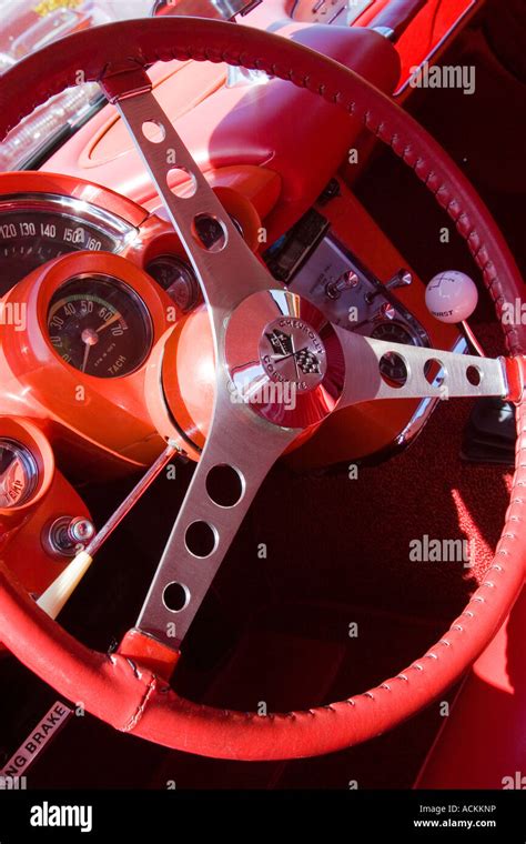 Dashboard Steering Wheel And Gear Shift Of A Red 1962 Chevrolet