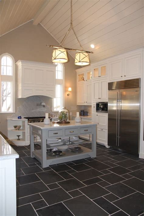 After all, it's supposed to compliment the countertop and coordinate with the floors, cabinets and is a focal point of the room. Charcoal Tile Floor with white cabinets | Grey kitchen ...