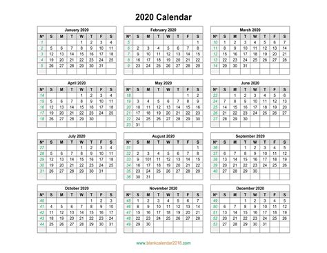 Yearly Monday To Sunday Calendar 2020 With Week Numbers
