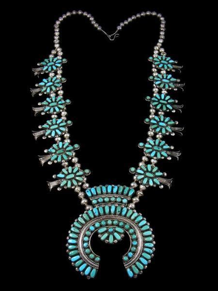 Zuni Petit Point Turquoise Sterling Silver Squash Blossom Necklace