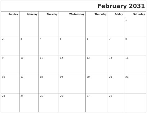 February 2031 Calendars To Print