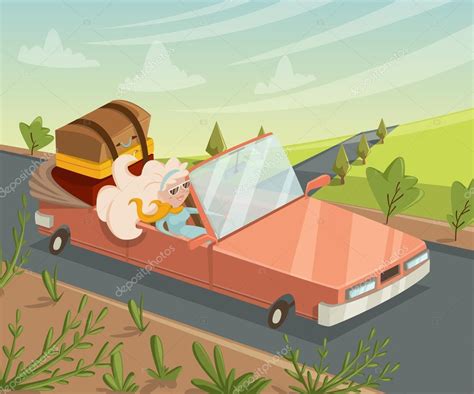 Woman Traveling By Car Funny Cartoon Character Vector Illustration In