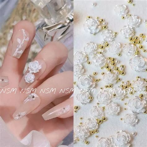 Pearl White Camellia Flower Nail Art Charms With Pearls And Gold Caviar