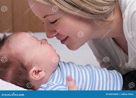 Happy Smiling Mother And 3 Month Old Baby Boy Stock Photo Image Of