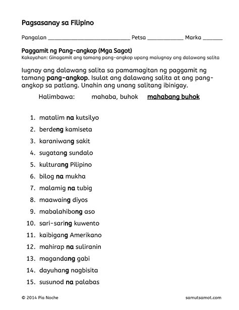Mga Sagot Sa Paggamit Ng Pang Angkop 2 1 Pagsasanay Sa Filipino
