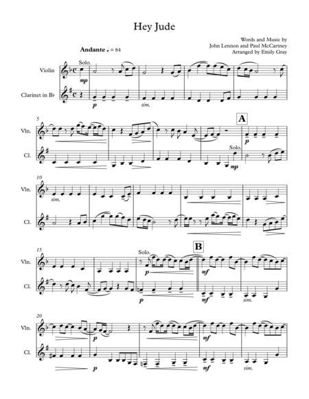 Sheet music arranged for piano/vocal/guitar in g major (transposable). Hey Jude (Clarinet And Violin) By The Beatles - Digital Sheet Music For Score - Download & Print ...