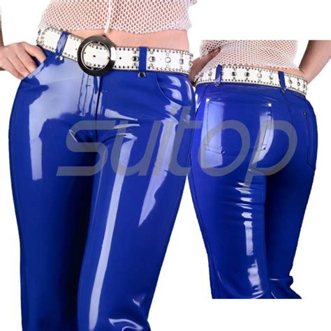 Suitop Casual Womens Rubber Pants Latex Trousers Without Belt In Blue