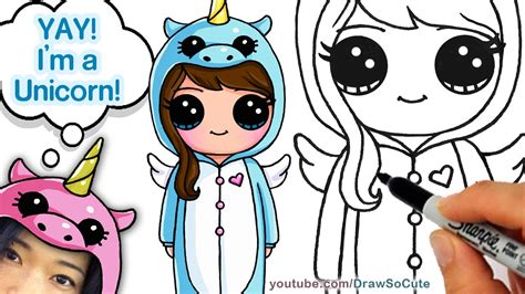 How To Draw Cute Girl In Unicorn Onesie Easy Youtube