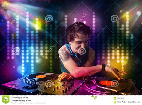 Dj Playing Songs In A Disco With Light Show Stock Photo Image Of
