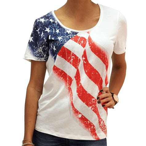 Ladies White American Flag Short Sleeve Scoop Neck T Shirt With Sequins