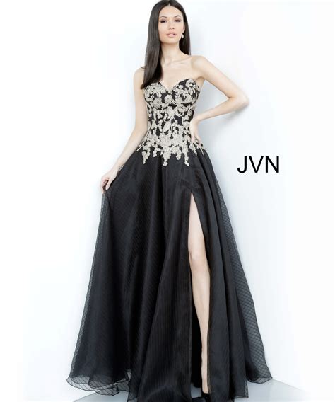 Jvn64088 Dress Jvn Black Gold Strapless Embroidered Prom Gown