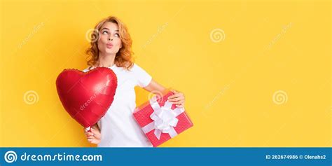 Funny Redhead Woman With Red Heart Balloon And Present Box Happy