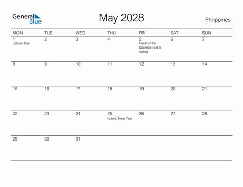 May 2028 Philippines Monthly Calendar With Holidays