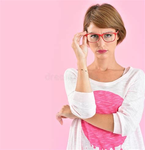 Portrait Of Young Trendy Woman With Red Eyeglasses Stock Image Image