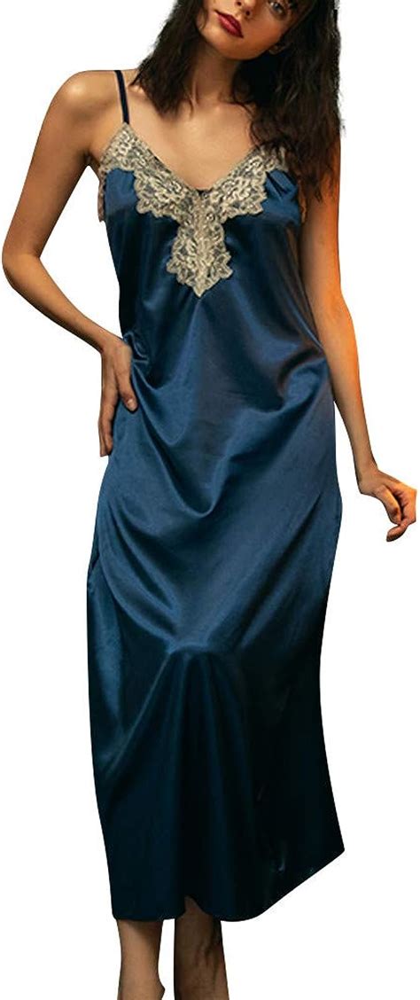 Ryghewe Satin Night Dress Women Silk Nightgown Lace Lingerie Full