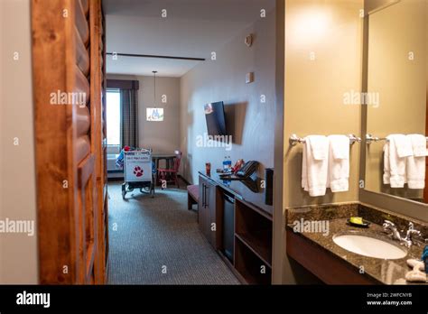Interior view of a hotel suite with amenities and Great Wolf Lodge
