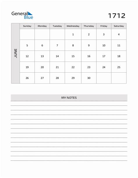 June 1712 Printable Monthly Calendar With Notes