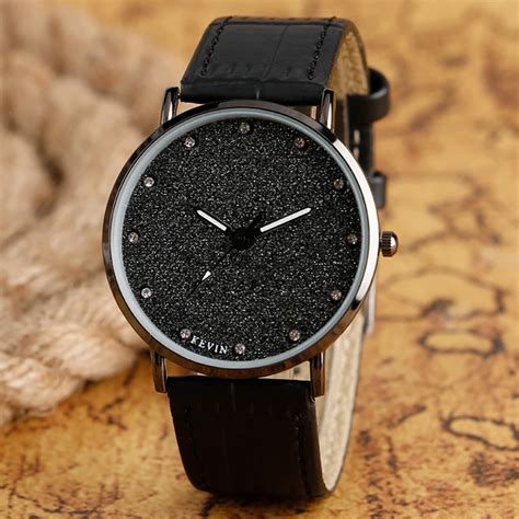 High Quality Bling Crystal Dial Black Leather Band Strap Wrist Watch