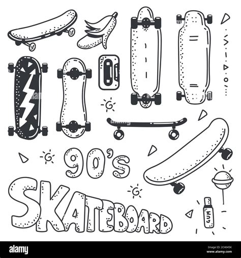 Skateboard Doodle Sketch Element Vector Set Isolated On A White