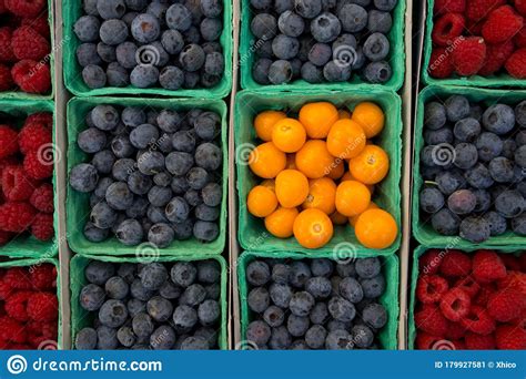 Assorted Berries In Baskets At Farmers Market Stock Image Image Of