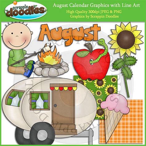 August Calendar Clip Art With Line Art Download By Scrappindoodles 4