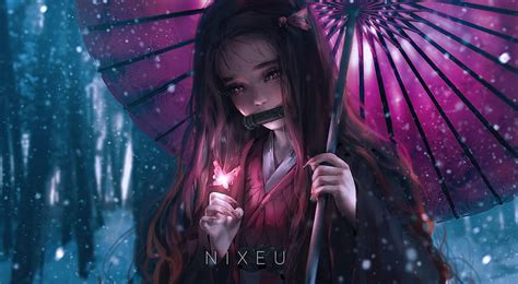Nezuko Fantasy Nixeu Girl Umbrella Pink Parasol Art Luminos