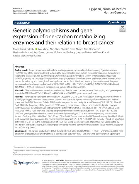 Pdf Genetic Polymorphisms And Gene Expression Of One Carbon