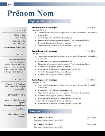 Grâce au modèle de cv gratuit à personnaliser et à remplir en ligne, vous pouvez rapidement créer des exemples de cv, les télécharger, et les envoyer par mail ou les déposer sur les sites d'offres d'emploi et de stage, voire les imprimer pour les. modele de cv word 2015