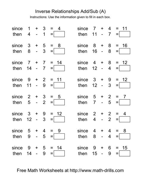 Free interactive exercises to practice online or download as pdf to print. Inverse Relationships -- Addition and Subtraction -- Range 1 to 9 (A) Algebra Worksheet
