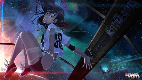 wallpaper cyberpunk anime girls space sky futuristic black hair graphic design original