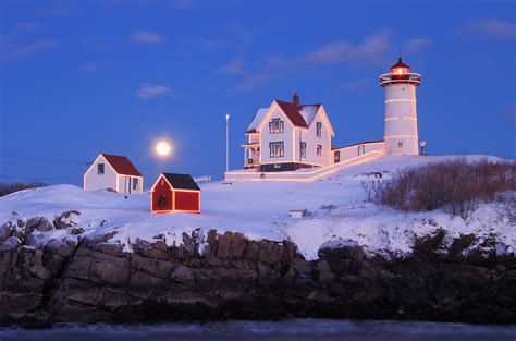 Nubble Lighthouse Winter Moon Photograph By John Burk Pixels