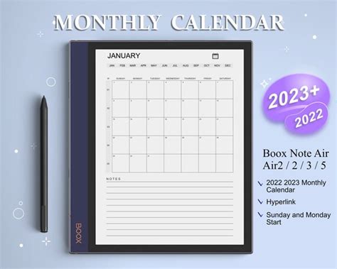 Boox Note Templates 2022 2023 Monthly Calendar Hyperlinked Etsy India