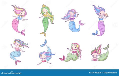 Mermaids Cartoon Set Cute Underwater Princesses With Fish Tails
