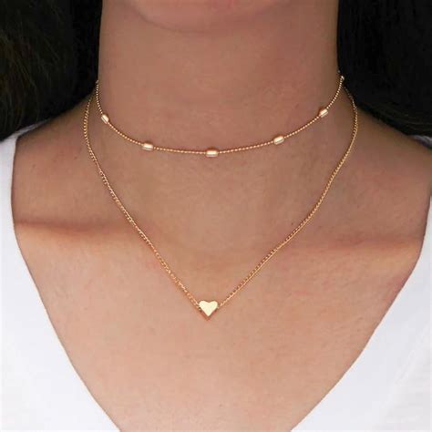 Cute Simple Double Layered Gold Heart Choker Necklace Fashion Jewelry