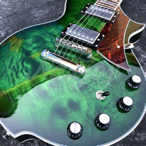 Grote Electric Guitar Green Burst Burl Maple Top Solid Mahogany Body