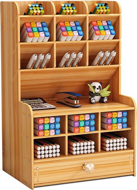 Marbrasse Wooden Pen Organizer Multi Functional Diy Pen Holder Box Desktop