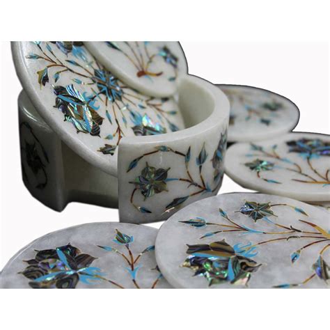 Round White Marble Cool Drink Coasters Inlaid Paua Gemstone Artefactindia