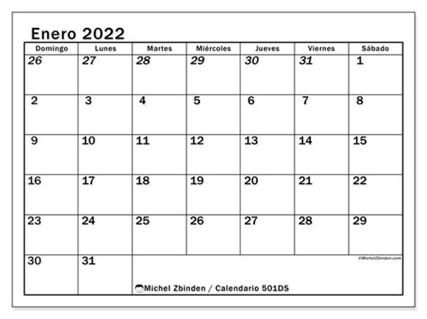 Calendarios Enero 2022 “domingo Sábado” Michel Zbinden Es
