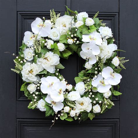 White Real Touch Orchid Peony And Rose Spring Summer Front Door Wreath Summer Front Door Wreath