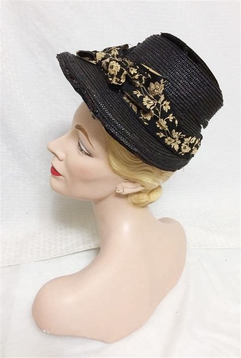 Antique 1880s Victorian Black Straw Hat With Brocade Ribbon Etsy