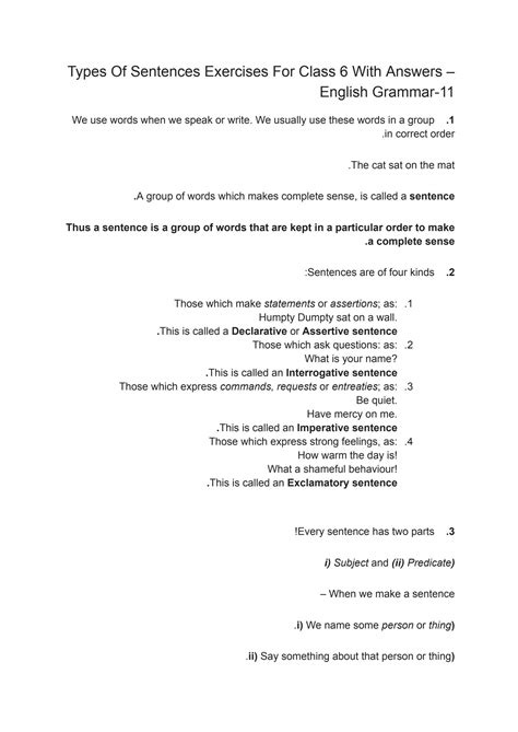 SOLUTION Types Of Sentences Exercises For Class 6 With Answers English