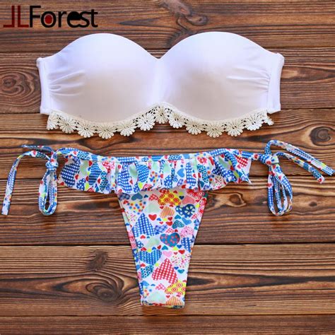 Jlforest Flowers Lace Bandeau Bikini Set Cute Colorful Print Ruffle Swimwear Women Sexy Push Up