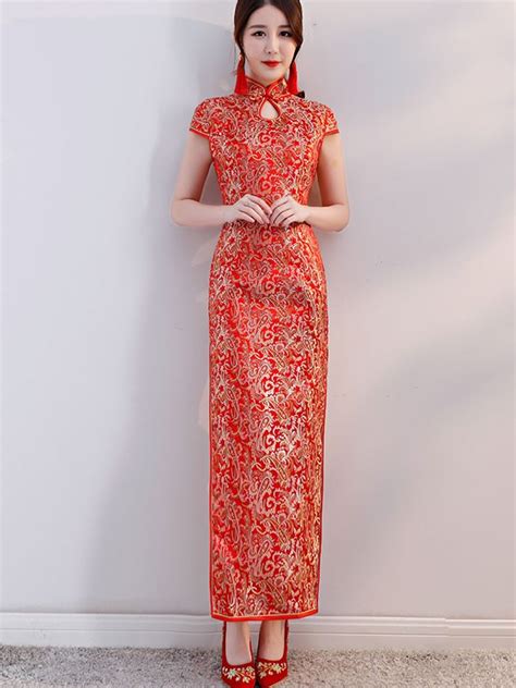 Red Woven Floral Bride Long Qipao Wedding Cheongsam Dress Cozyladywear